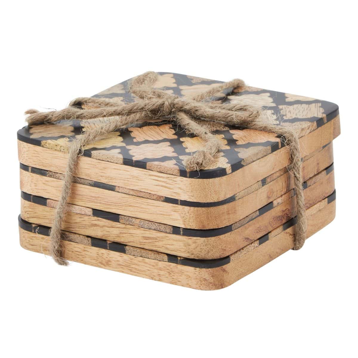 Set Of 4 Wood Effect Black Geometric Coasters - 10cm x 10cm