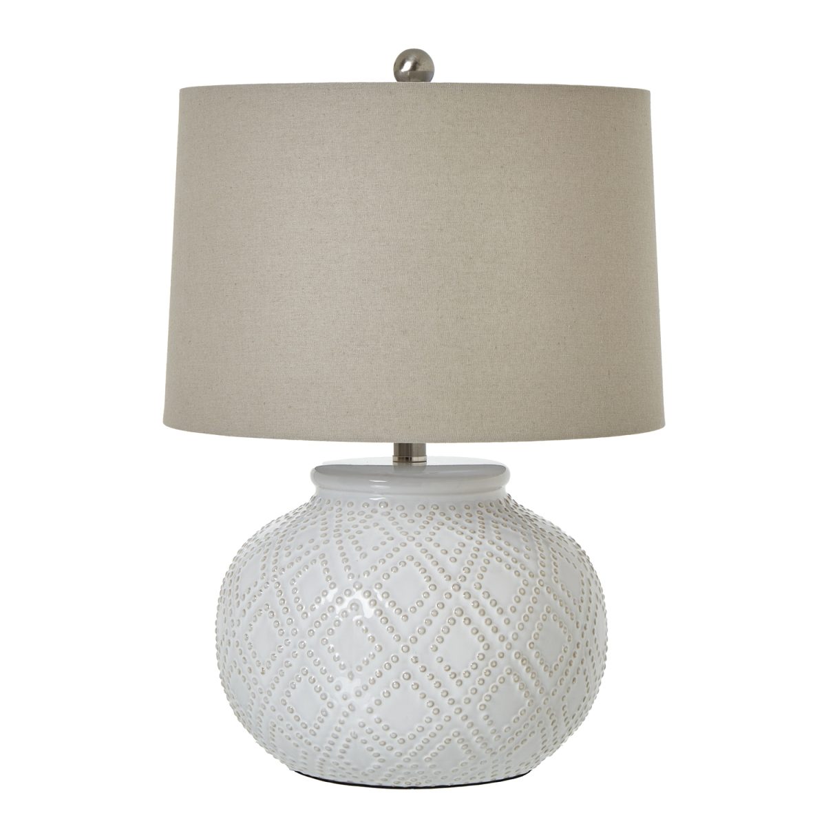 Mochos White Beaded Orb Ceramic Table Lamp With Linen Shade
