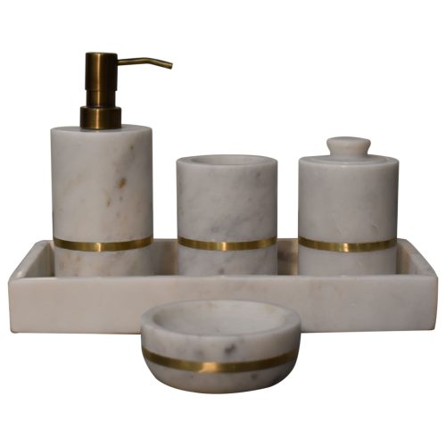Bathroom Set, White Marble, Brass Inlay