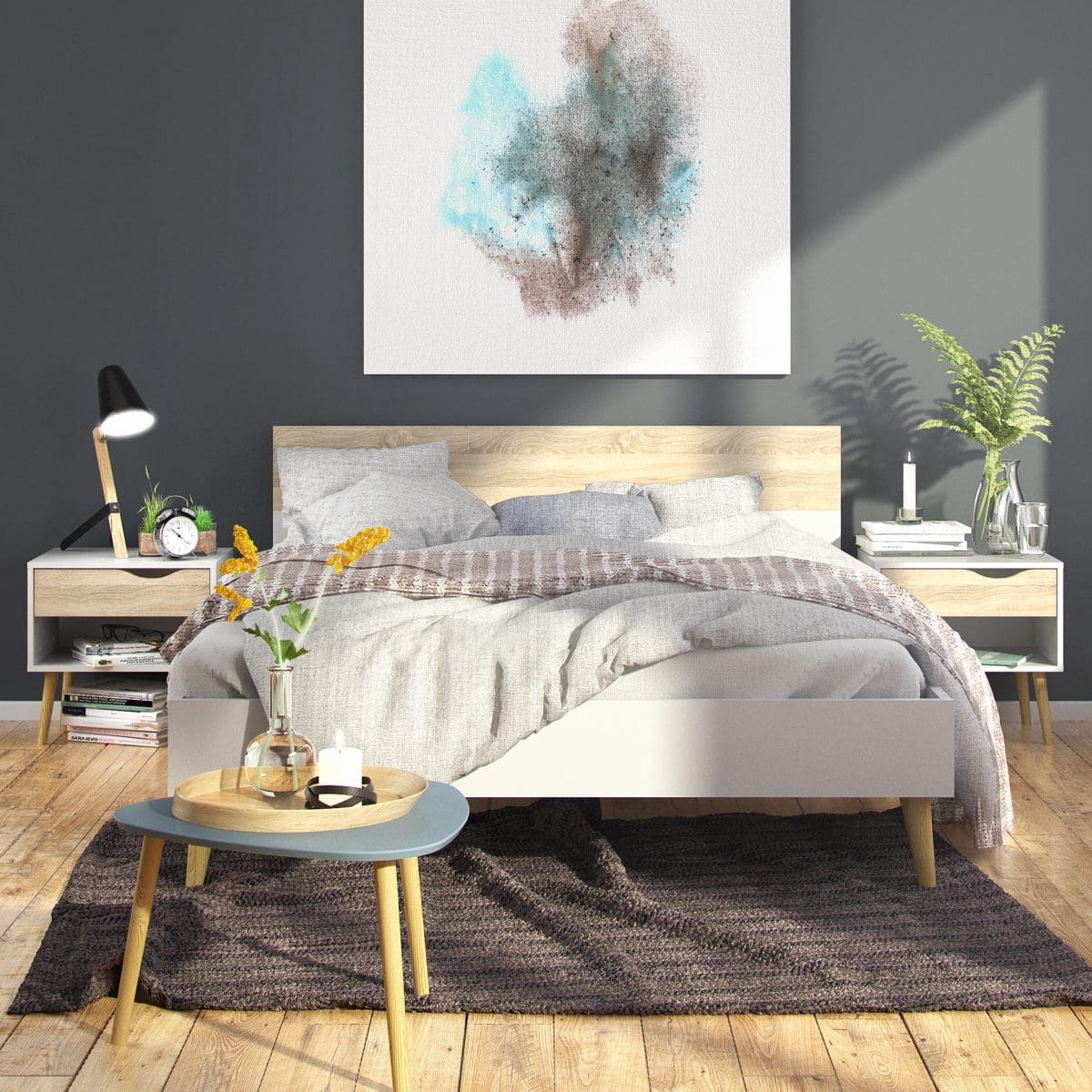 3 Piece Bedroom Set, Dbl Bed White & Oak