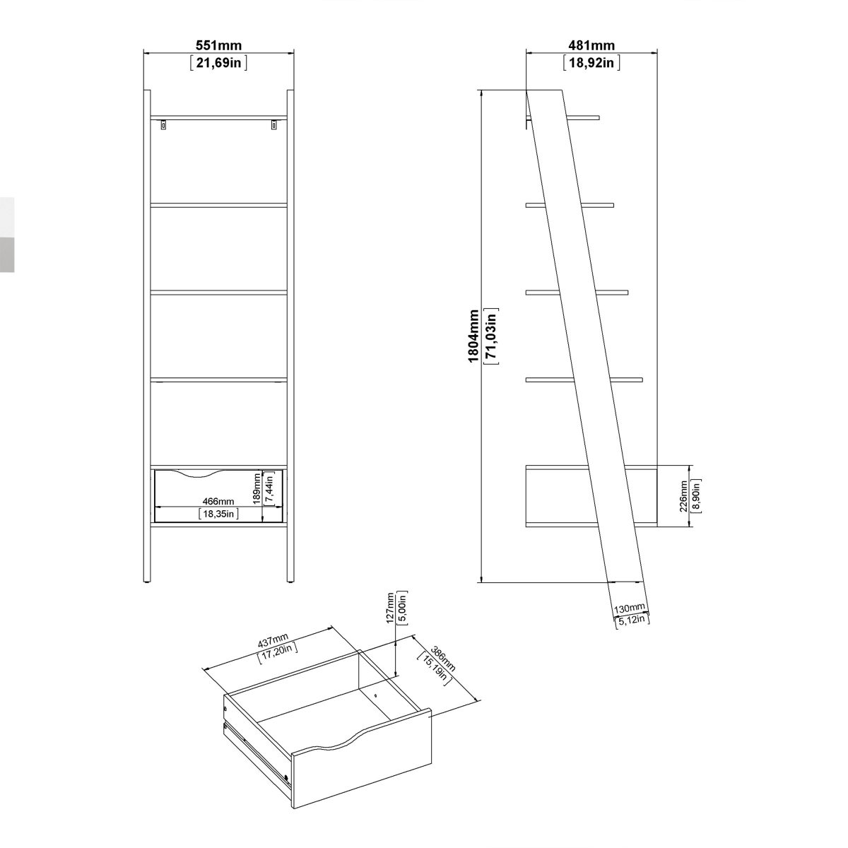 Hendre Bookcase with Drawer, White and Oak