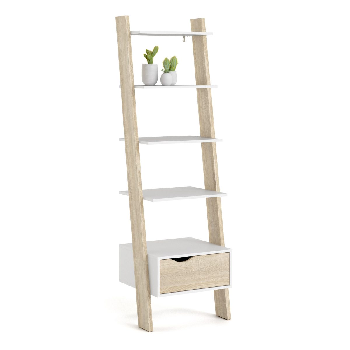 Hendre Bookcase with Drawer, White and Oak
