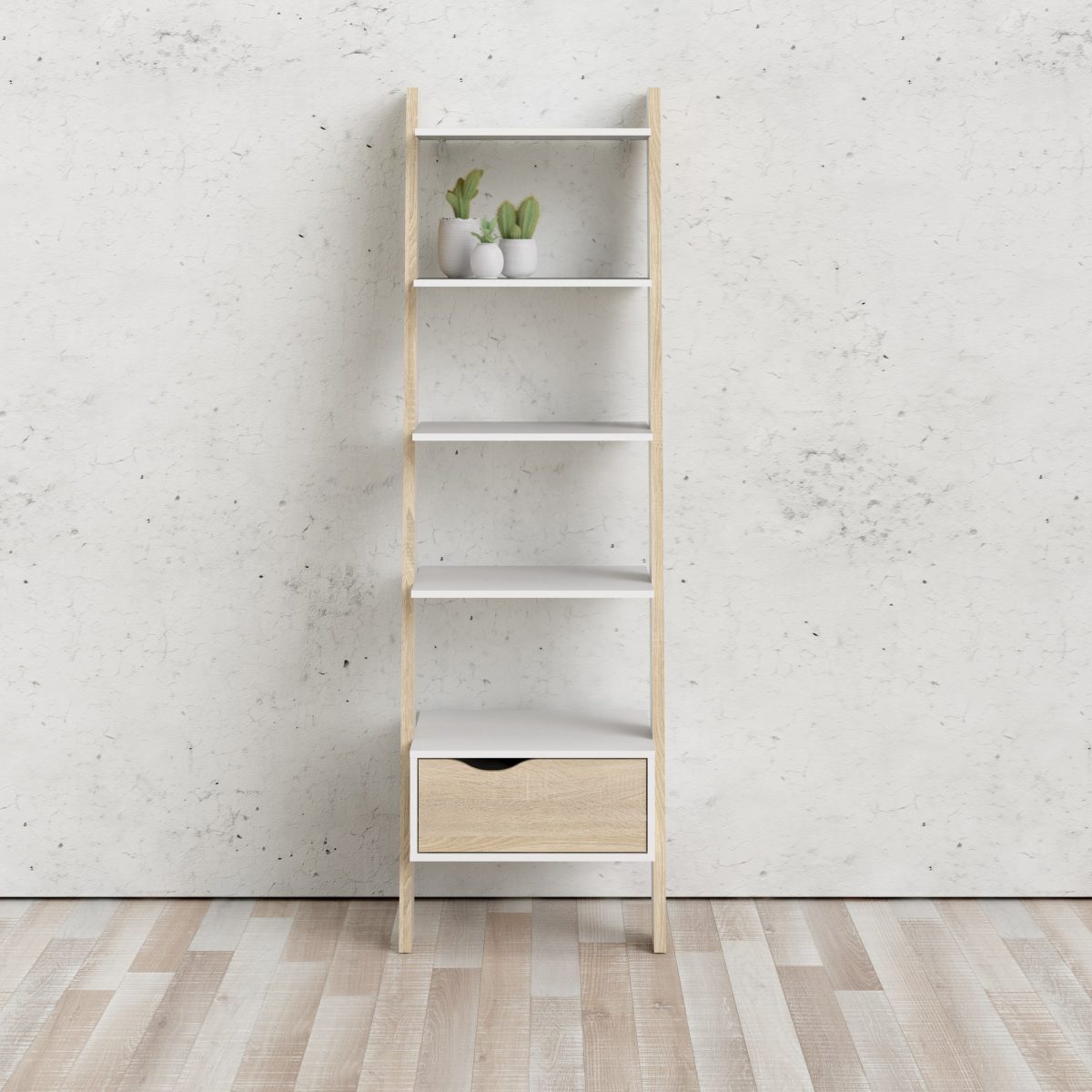 Hendre Bookcase with Drawer, White and Oak