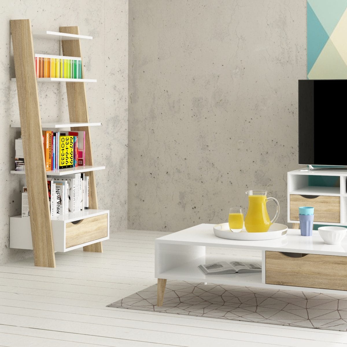 Hendre Bookcase with Drawer, White and Oak