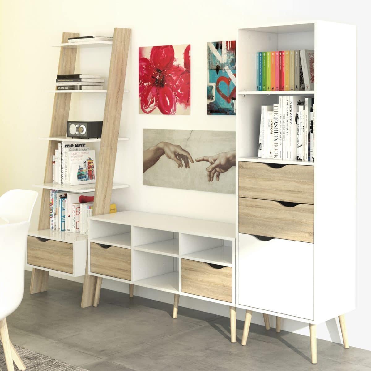 Hendre Bookcase with Drawer, White and Oak