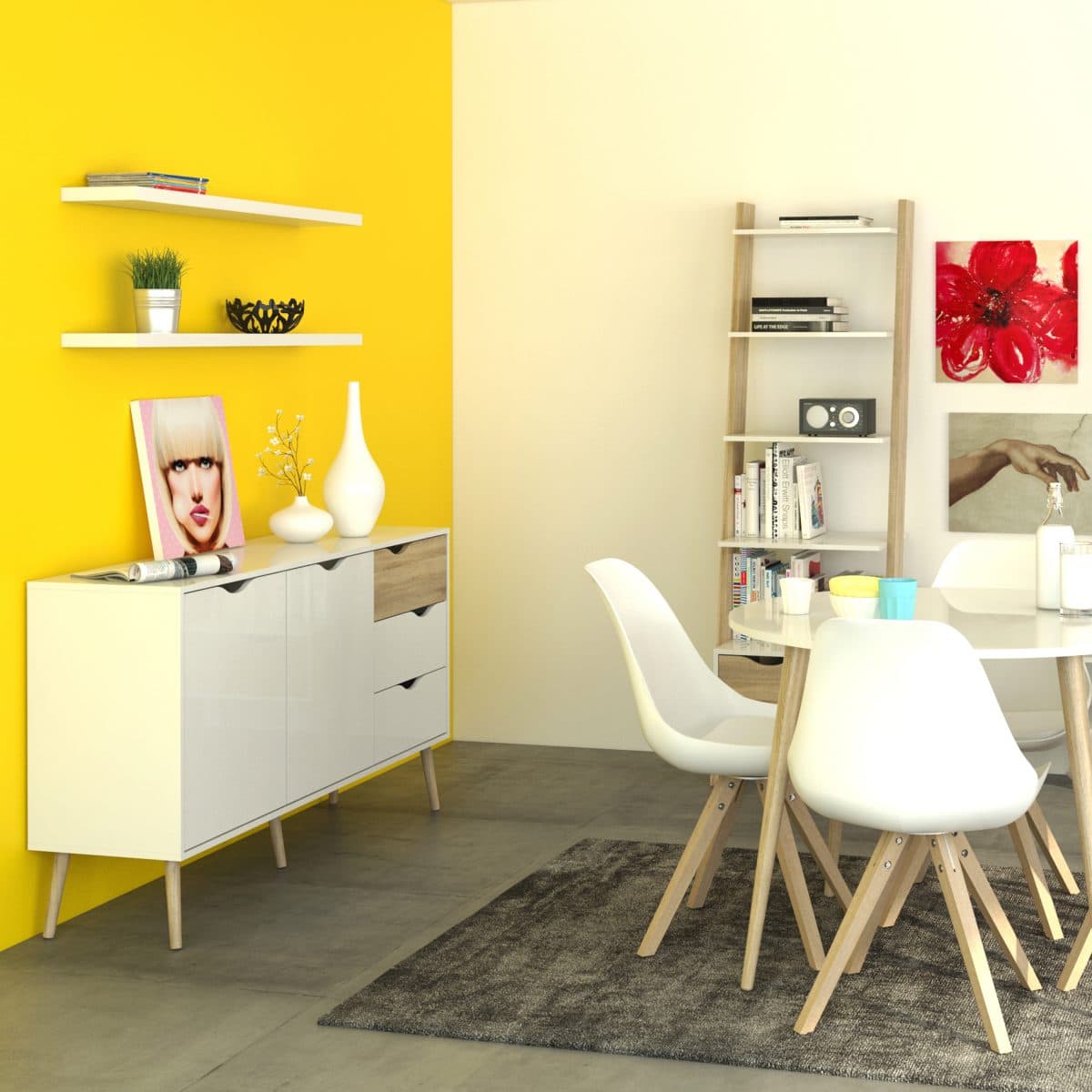 Hendre Bookcase with Drawer, White and Oak