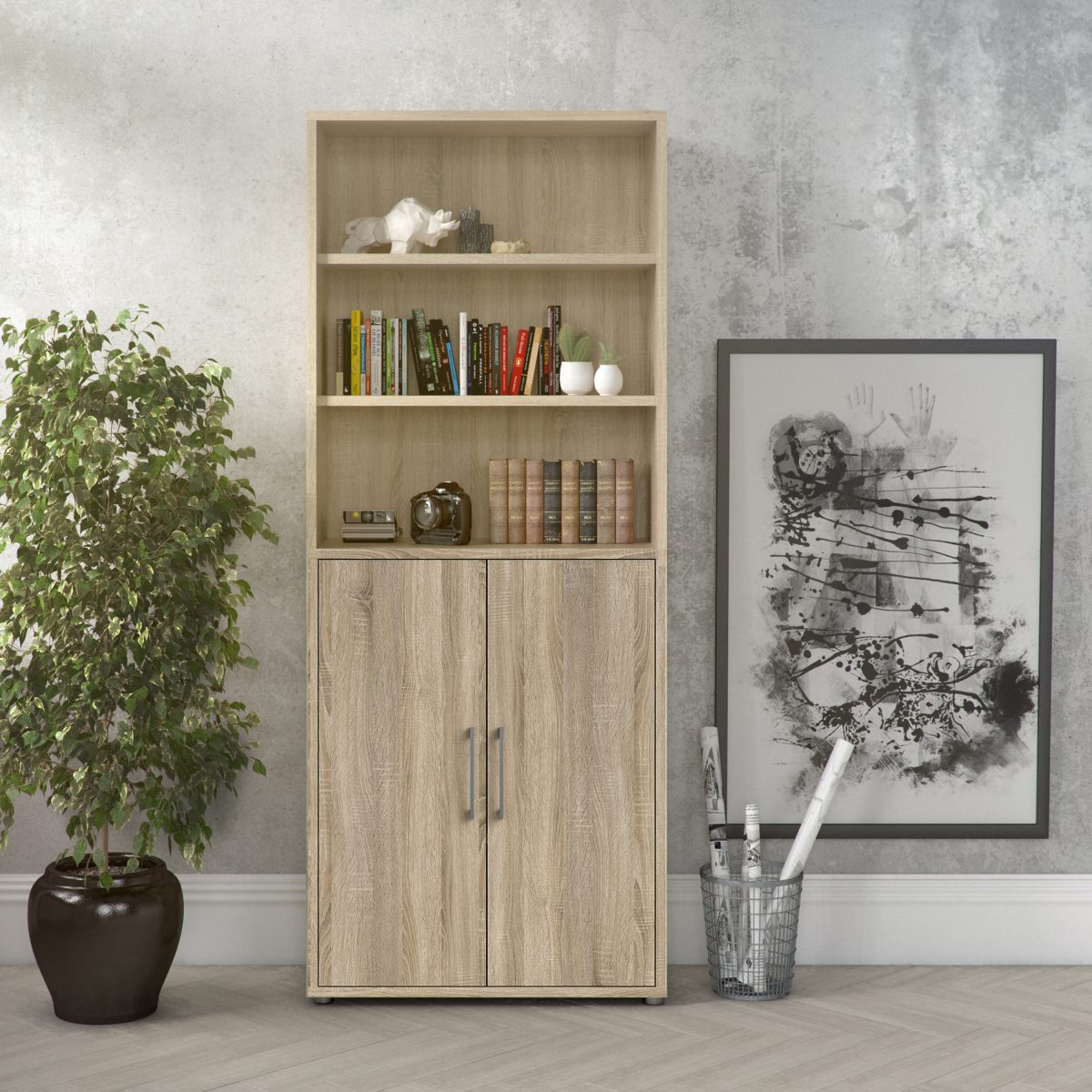 Bookcase 4 Shelves with 2 Doors in Oak
