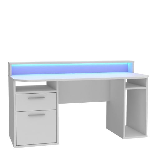 white gaming desk with blue lighting