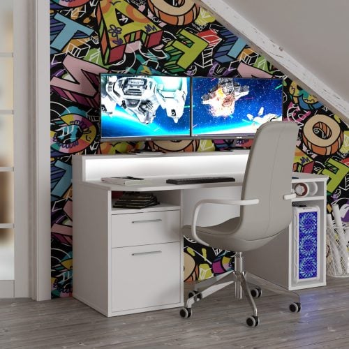Nexus White Gaming Desk with Blue LED Lighting