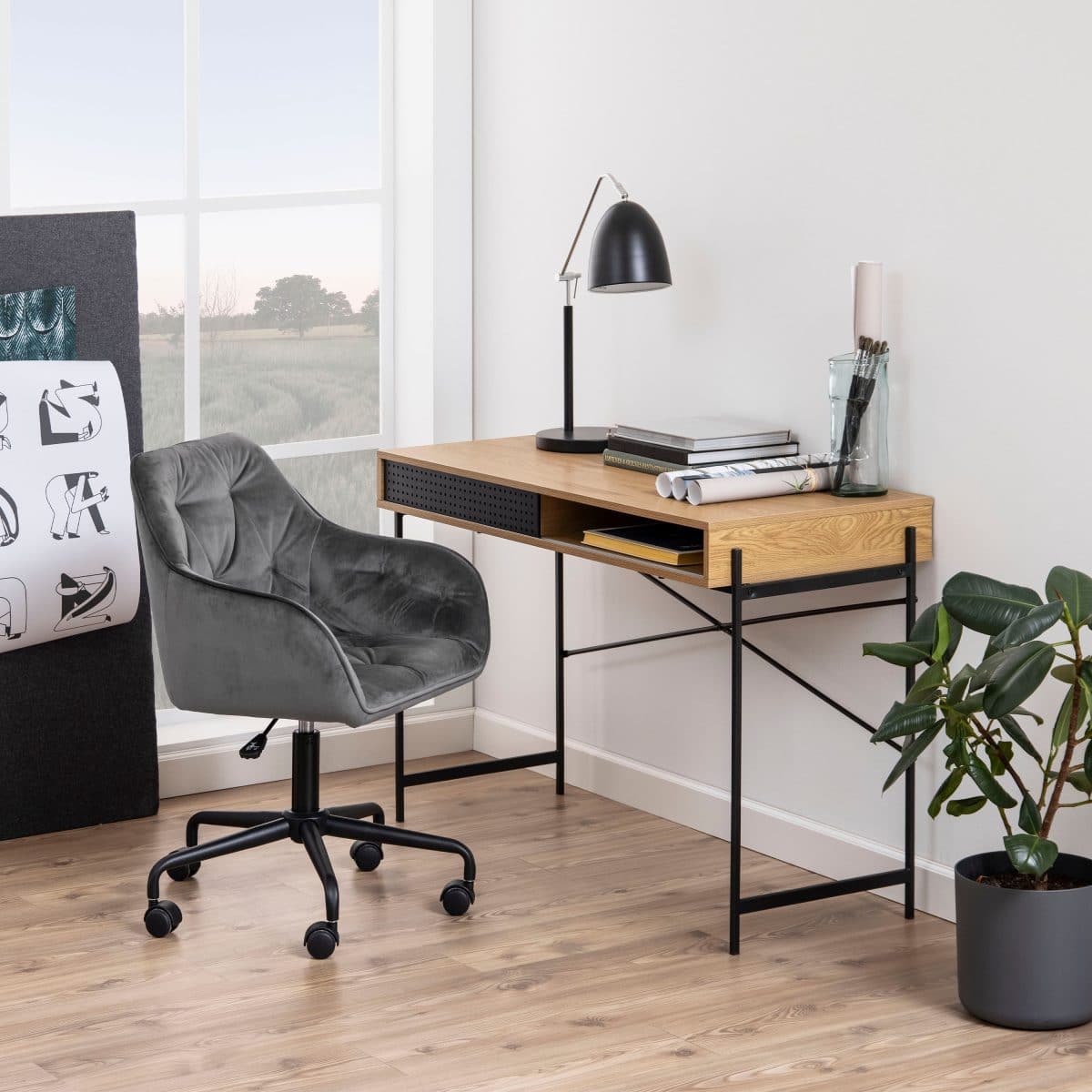 Logan Desk with Sliding Door, Oak & Black