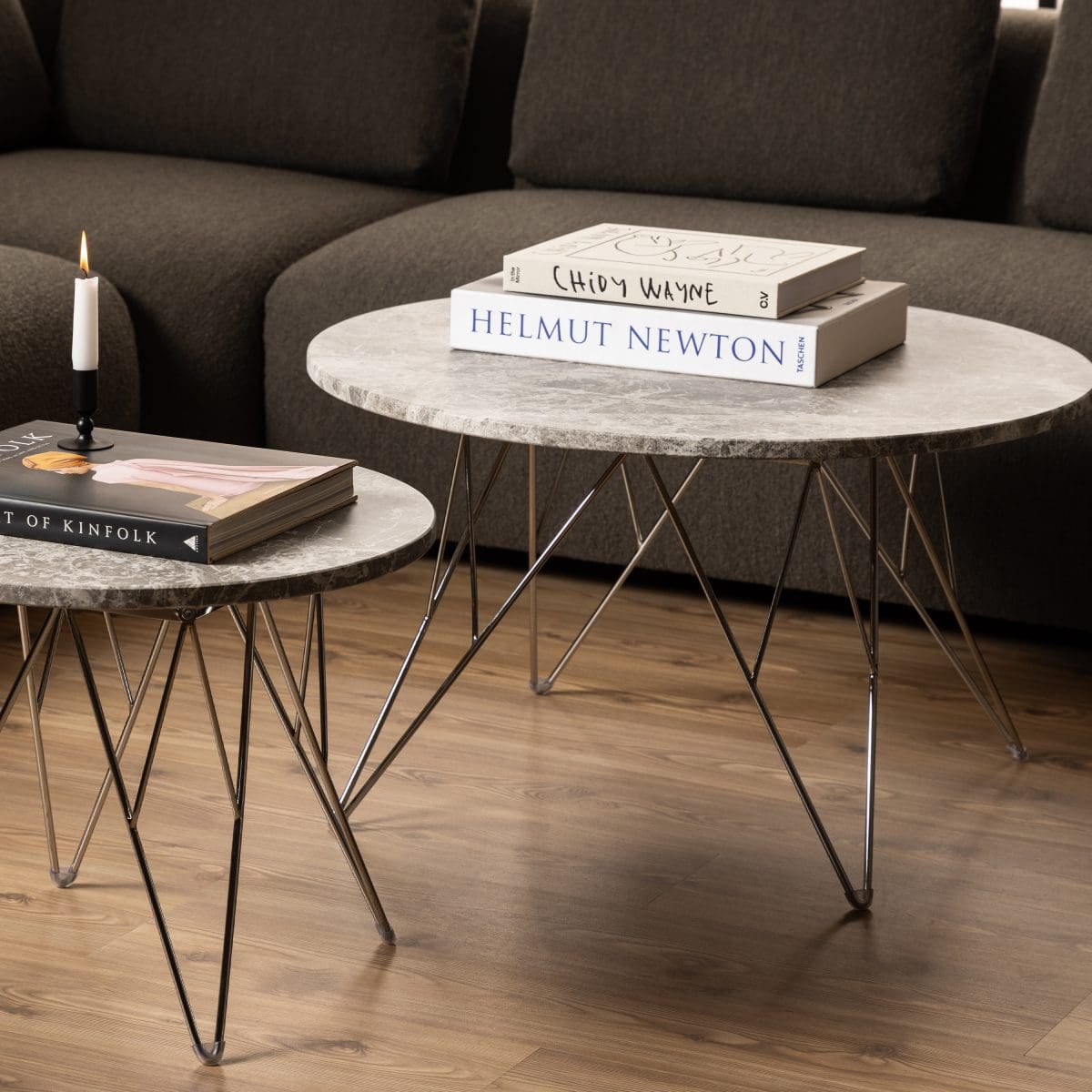 Calmar Round Coffee Table with Grey-Brown Marble Top