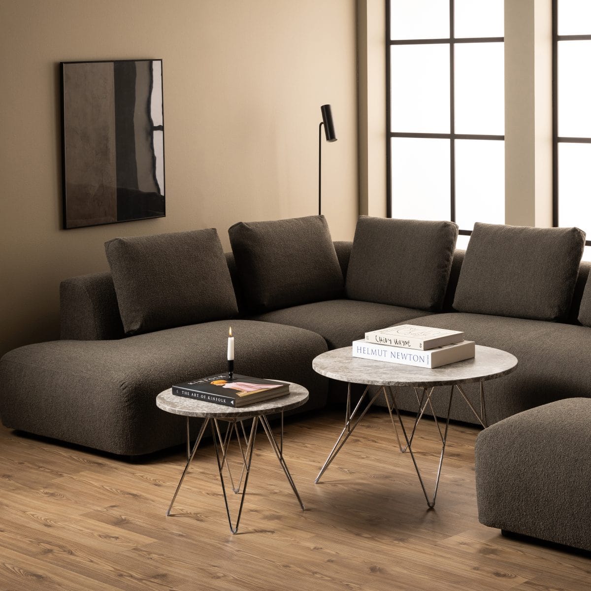 Calmar Marble Round Side Table, Grey-Brown