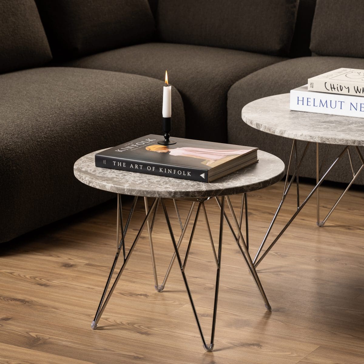 Calmar Marble Round Side Table, Grey-Brown