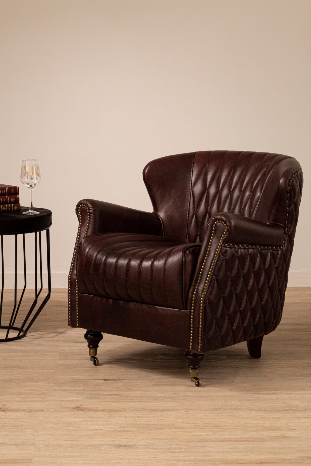 Empire Quilted Leather Wingback Armchair - Coffee