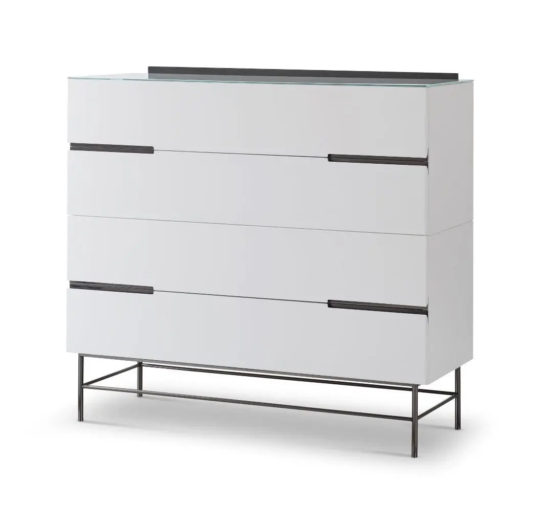 Alberto Matt White Four Drawer Wide Chest With Dark Chrome Frame