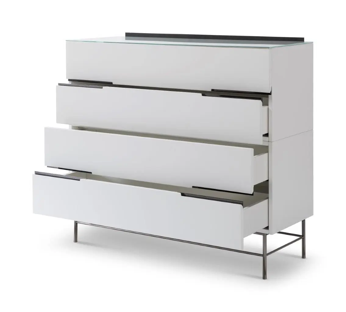 Alberto Matt White Four Drawer Wide Chest With Dark Chrome Frame