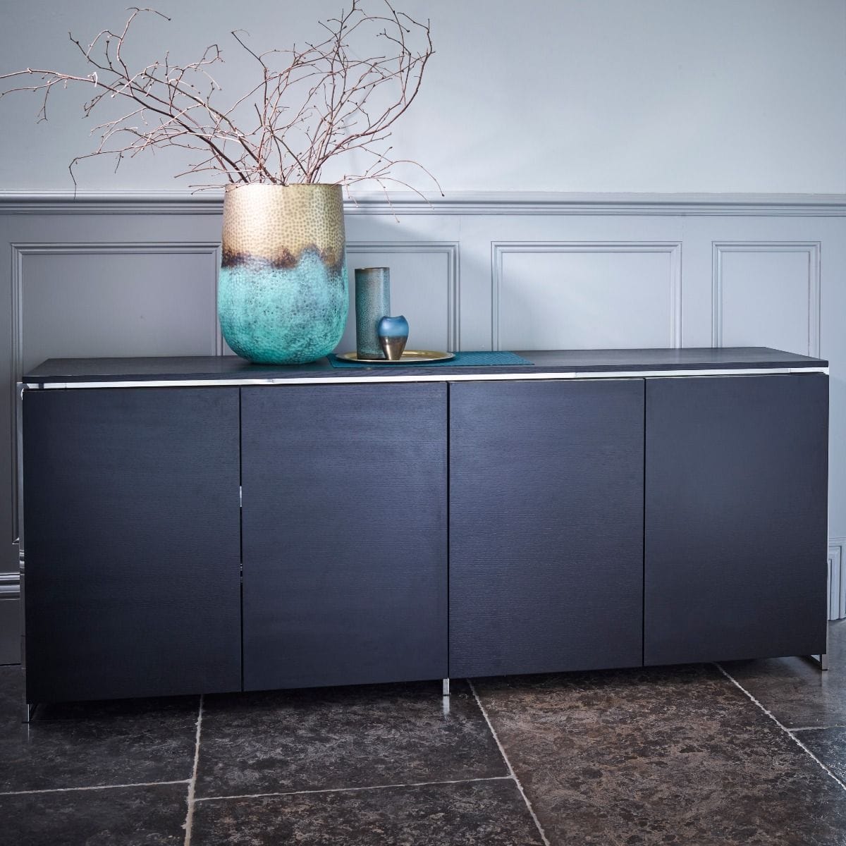 Federico 4 Door Sideboard Oak Veneer and Brass Frame