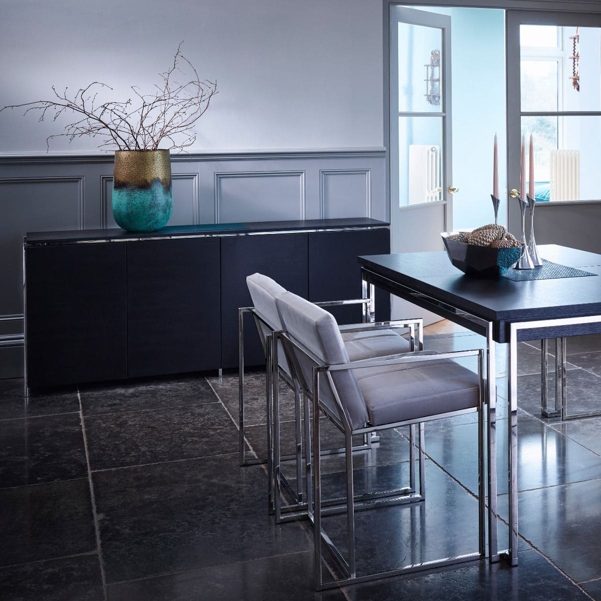 Federico 4 Door Sideboard Weathered Oak Veneer and Brass Frame