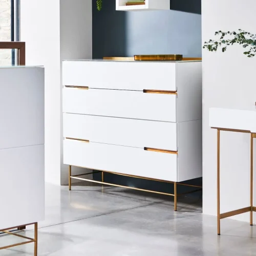 Alberto Matt White Four Drawer Wide Chest With Dark Chrome Frame