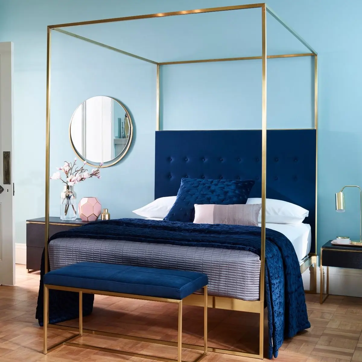 Federico King Size Brushed Brass Canopy 4 Poster Bed With Dark Blue Upholstered Headboard