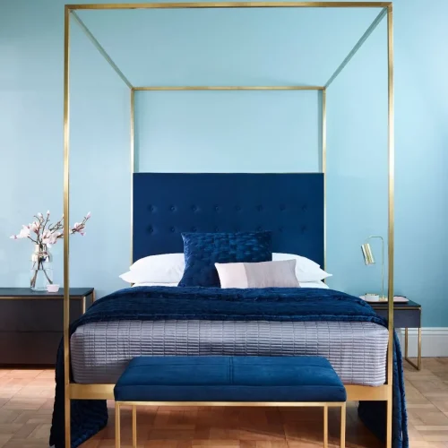 Federico King Size Brushed Brass Canopy 4 Poster Bed With Dark Blue Upholstered Headboard
