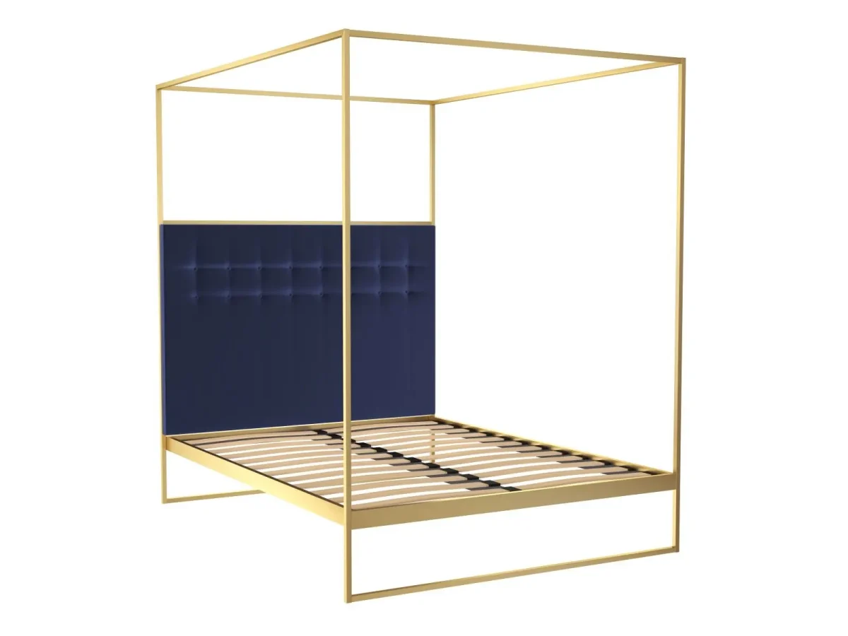 King Size 4 poster Bed Frame & dark blue Upholstered Headboard