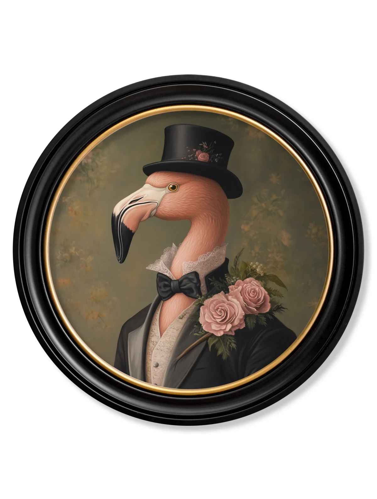 wall art of a flamingo in a suit with a top hat