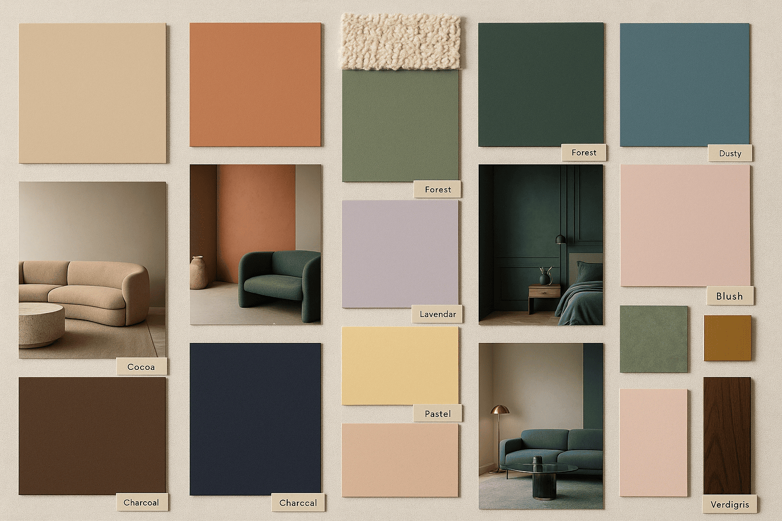 interior design mood board image of the top colour trends in 2025