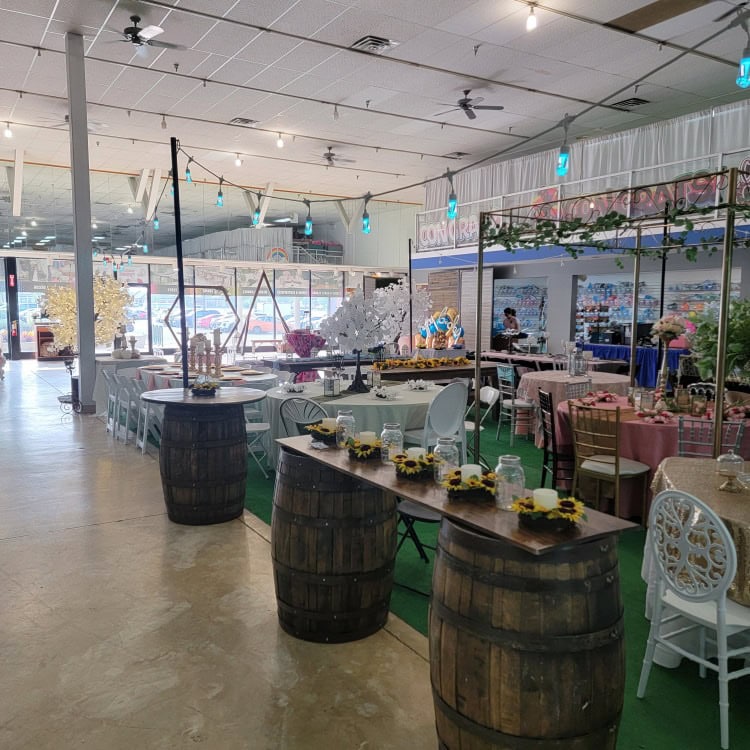 Whiskey Barrel Bar with 6 FT x 18 IN Wooden Top