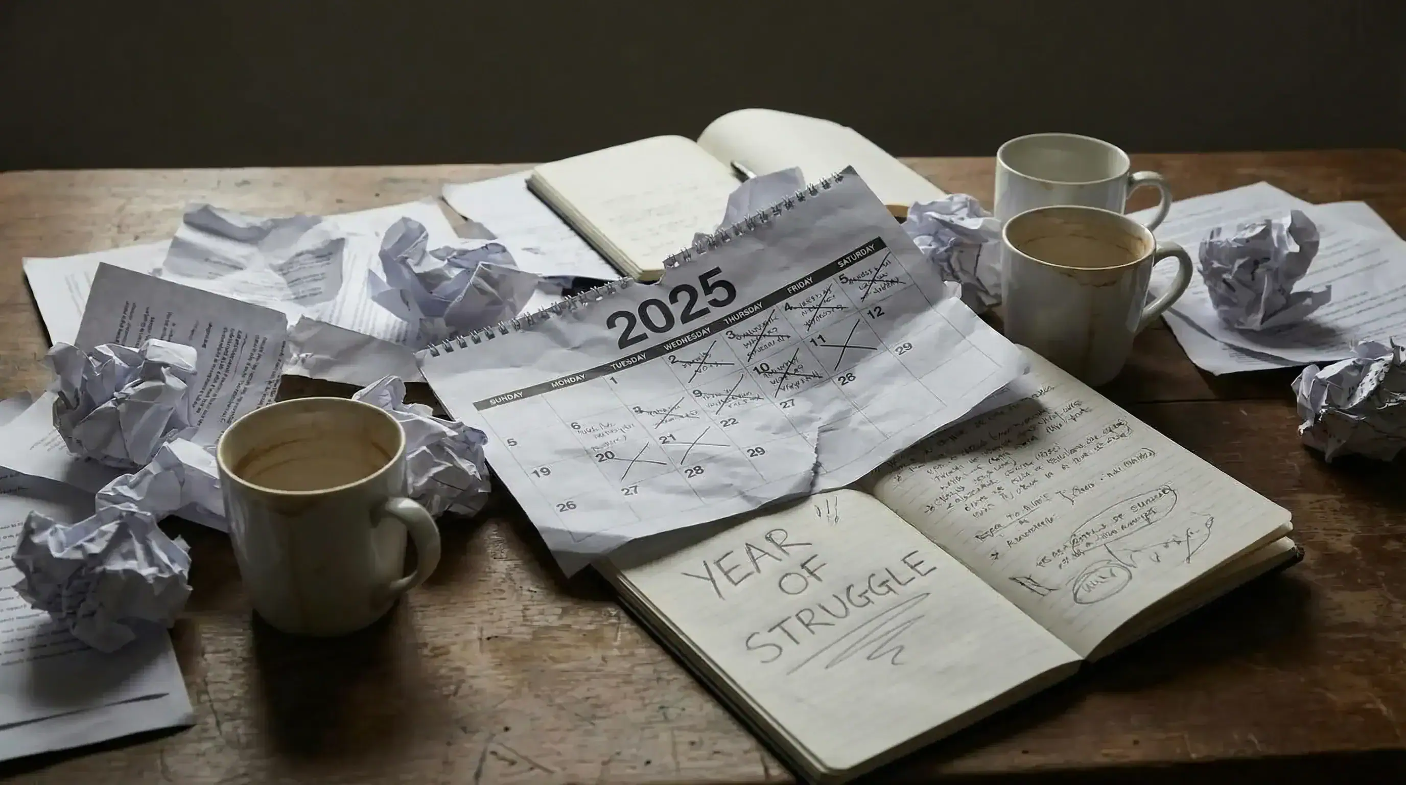 A symbolic image of a calendar marked 2025, crumpled or scattered on a desk among empty coffee cups and scattered notebooks, representing a year of struggle and frustration.