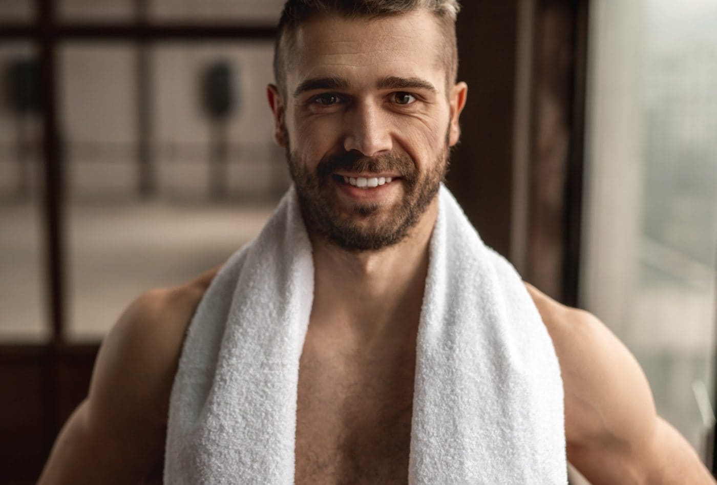 Crop smiling sportsman with towel after workout in gym