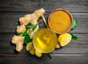 Ginger tea and ground ginger.