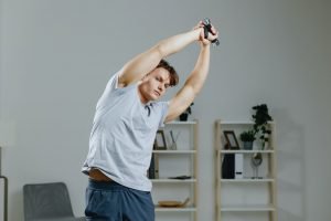 training man health dumbbells activity home sport lifestyle sporty indoor gray