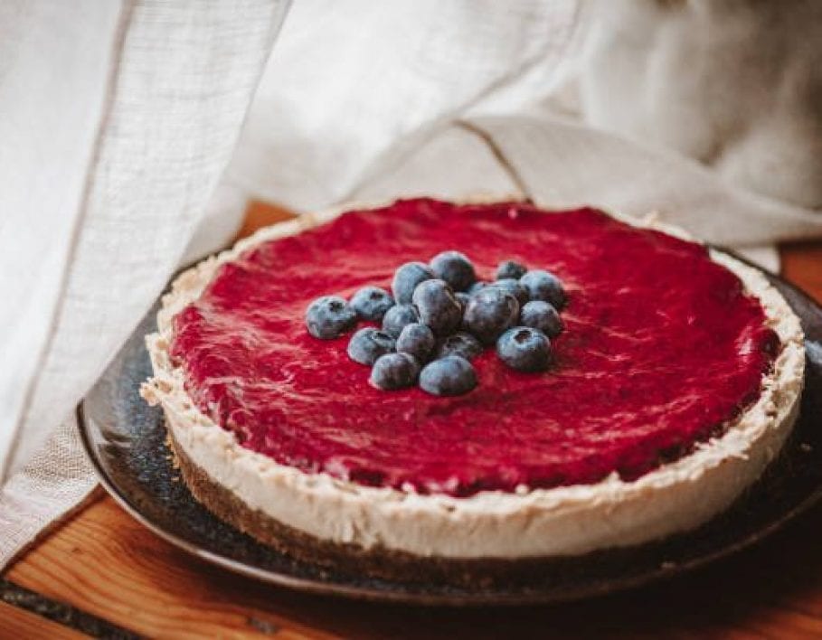 Vegan, Gluten-Free Cheesecake with Blueberry Sauce