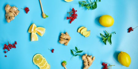 Flat lay of Immune boosting remedy, immunity boosting foods
