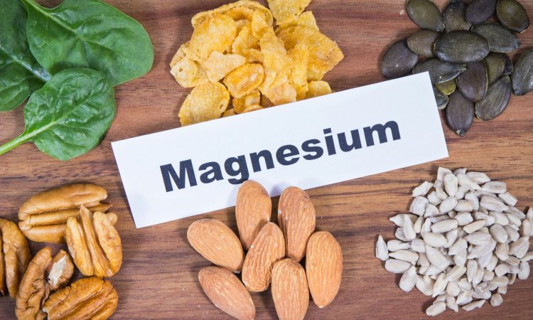 Healthy food and various ingredients on cutting board. Source natural magnesium