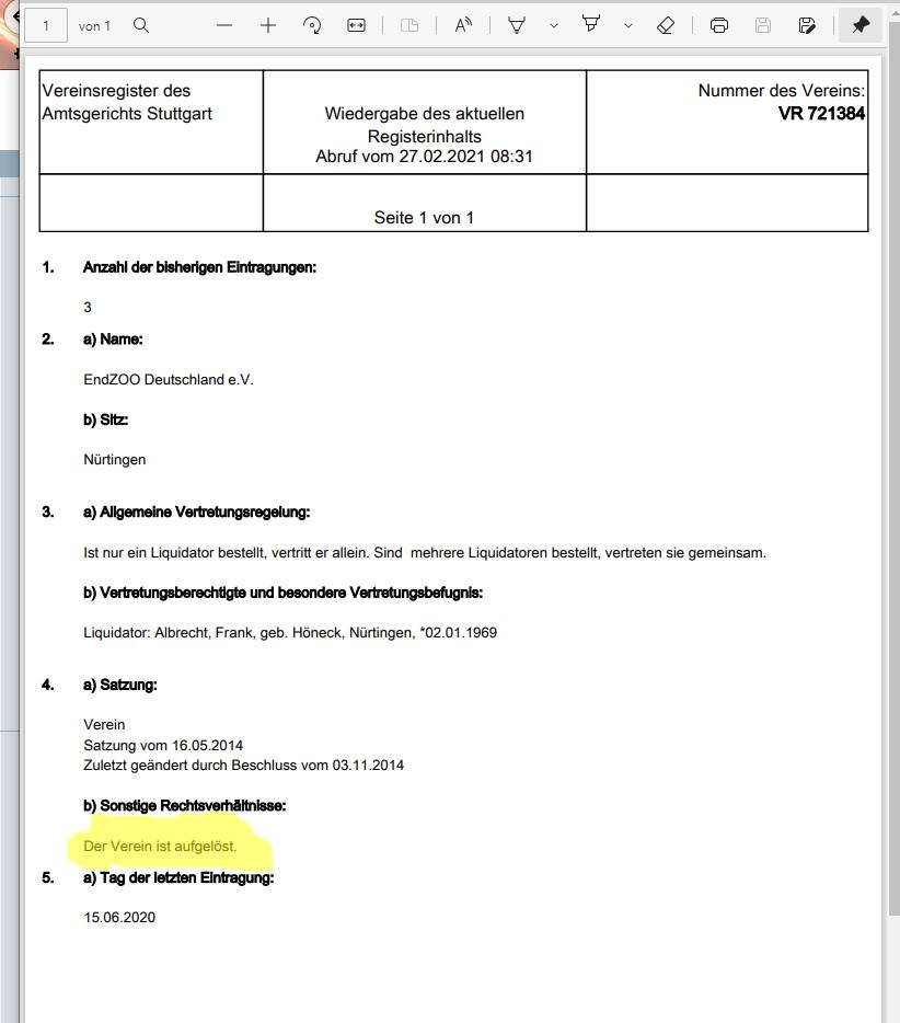Der Verein Endzoo Deutschland wurde aufgelöst