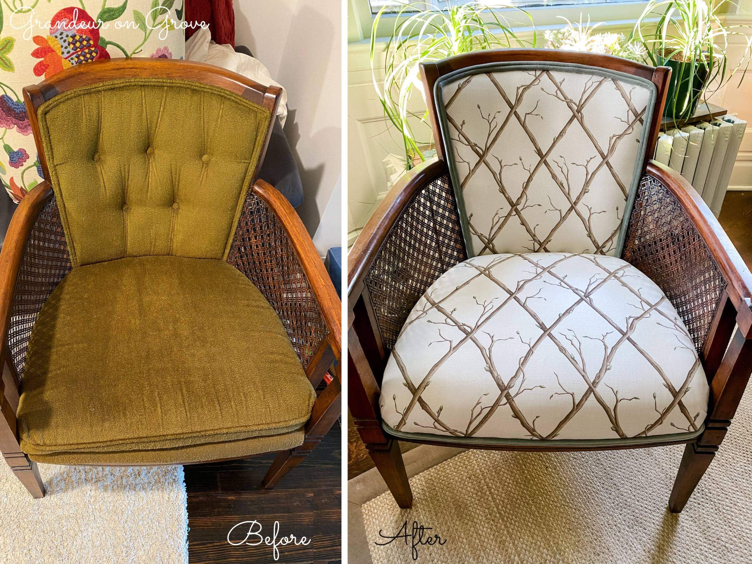 A before and after of a caned chair reupholstered