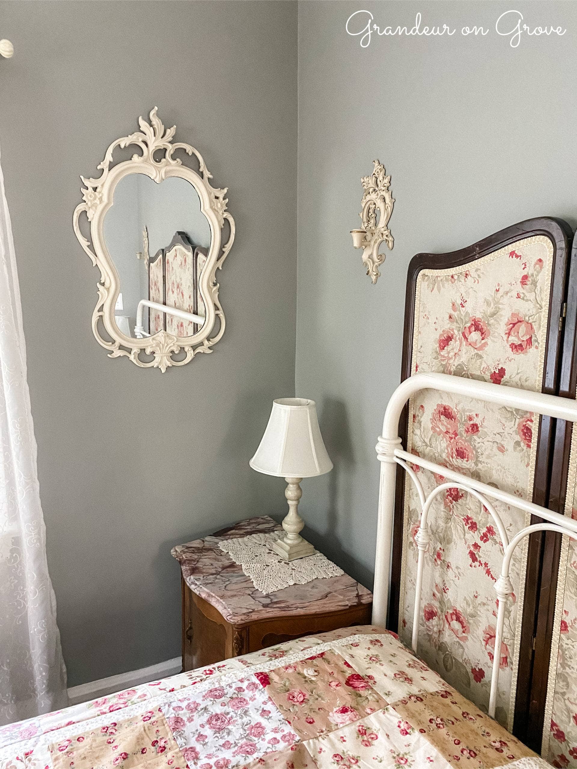 French style mirror, nightstand and bed