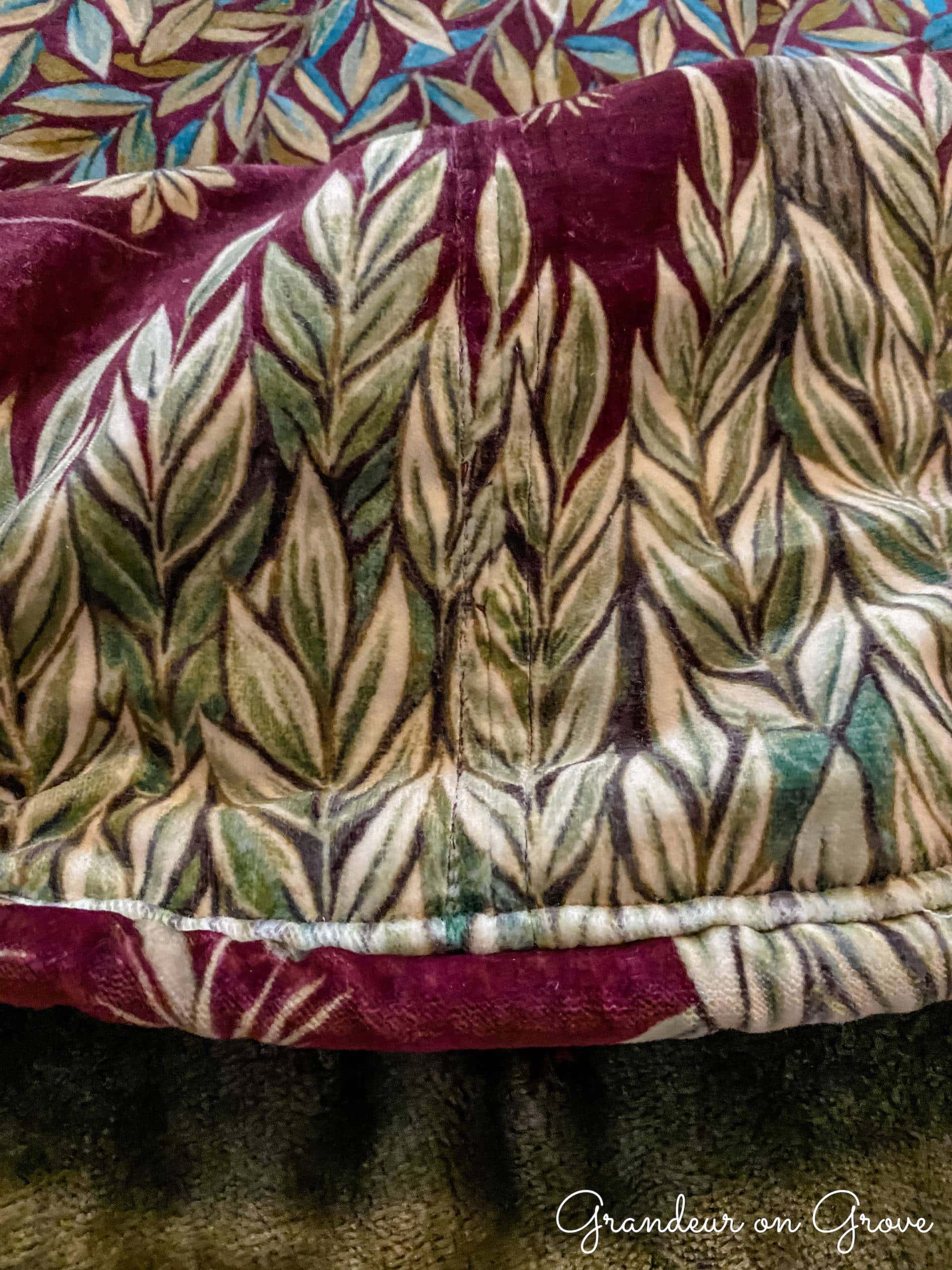 Close-up of seam of velvet quilt