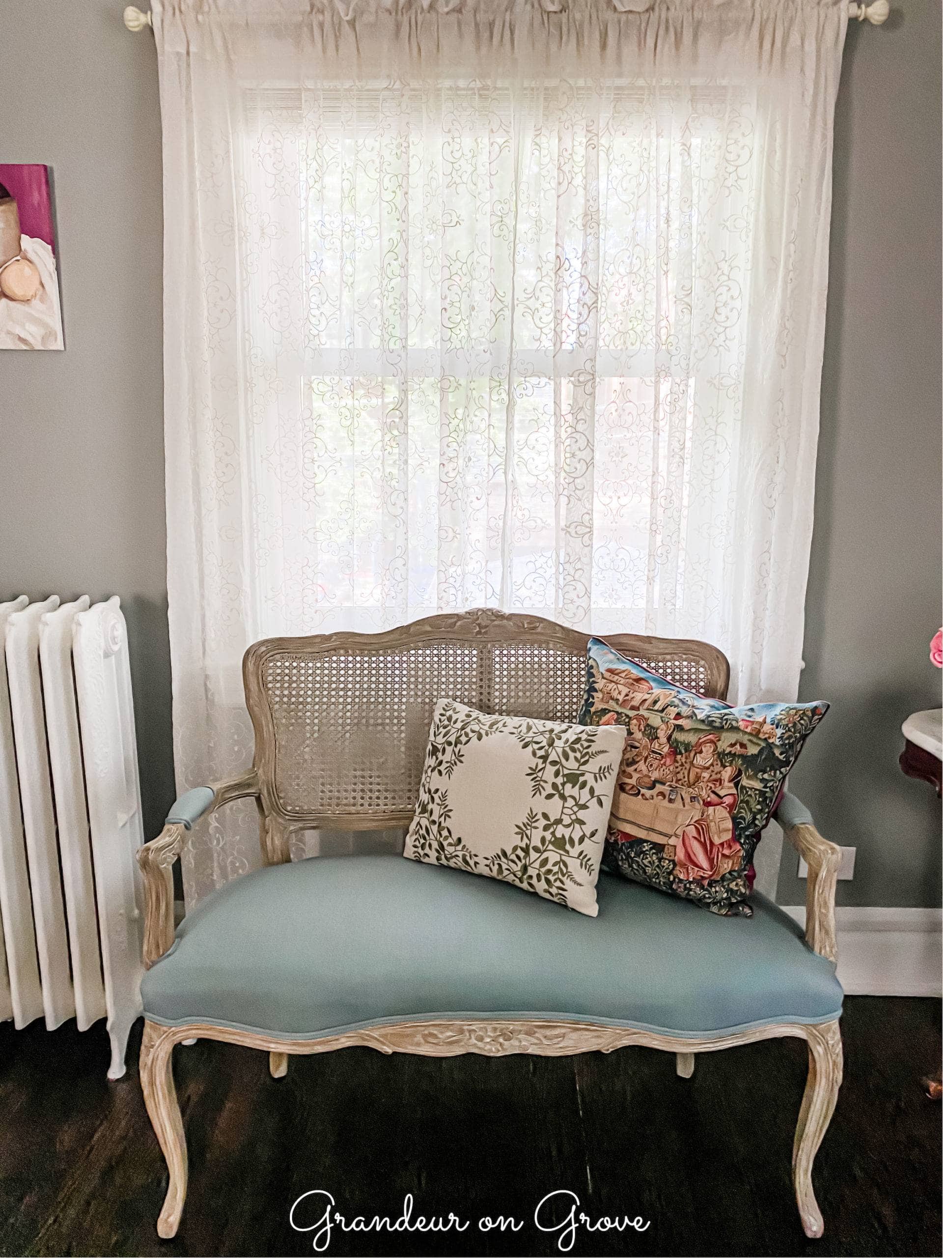 French style bench and sheer curtains