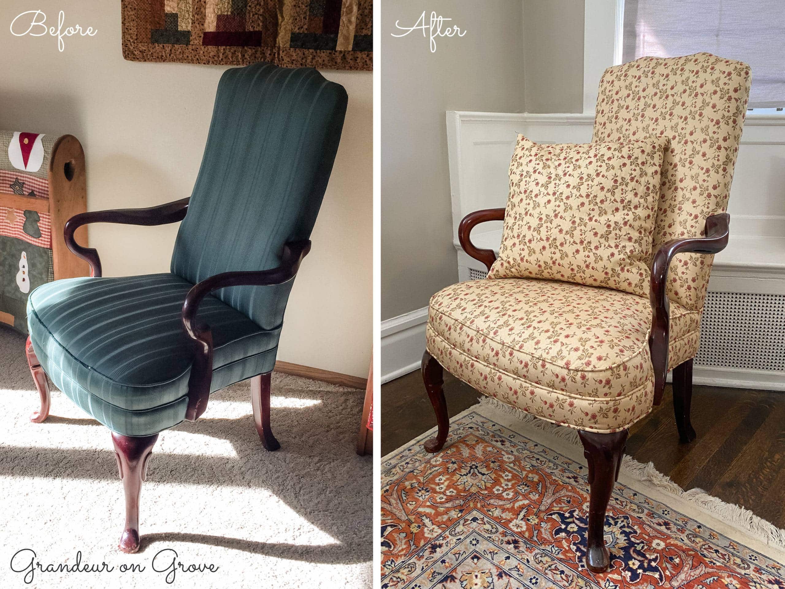 A before and after of a Queen Anne style chair reupholstered