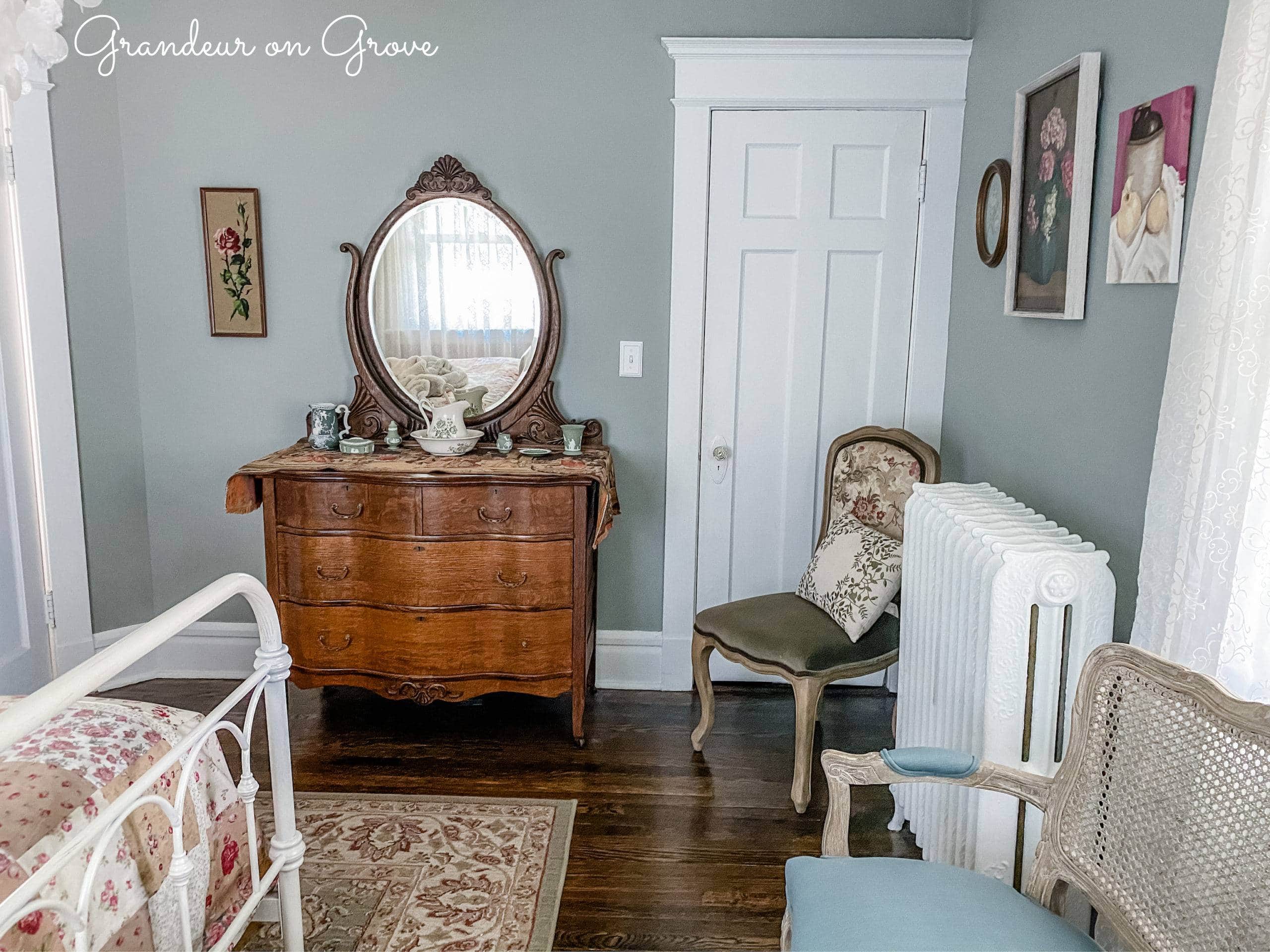 dresser, side chair and bench in bedroom