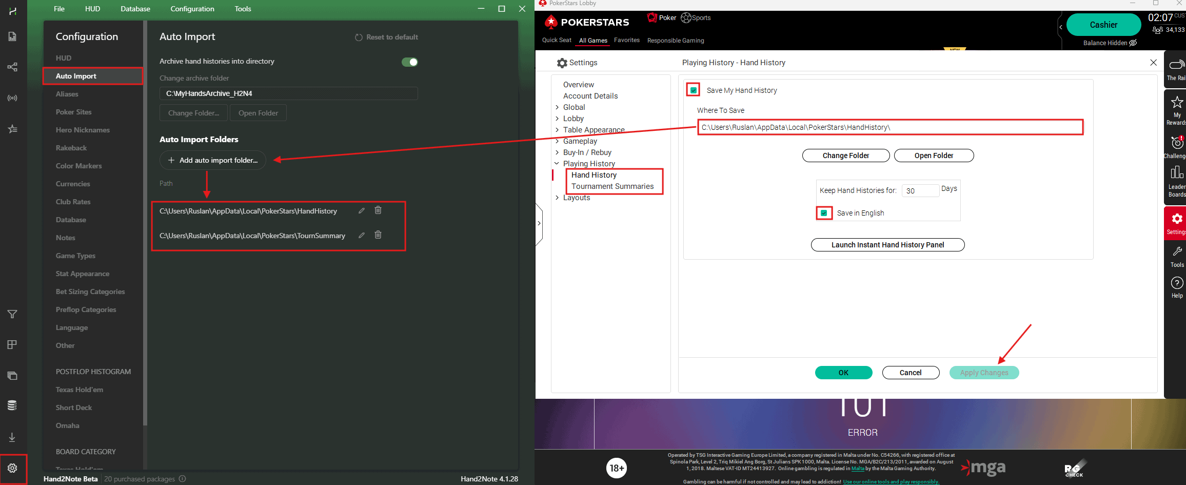 Configuración de auto-import de PokerStars en Hand2Note — estableciendo la ruta correcta de la carpeta de historial de manos