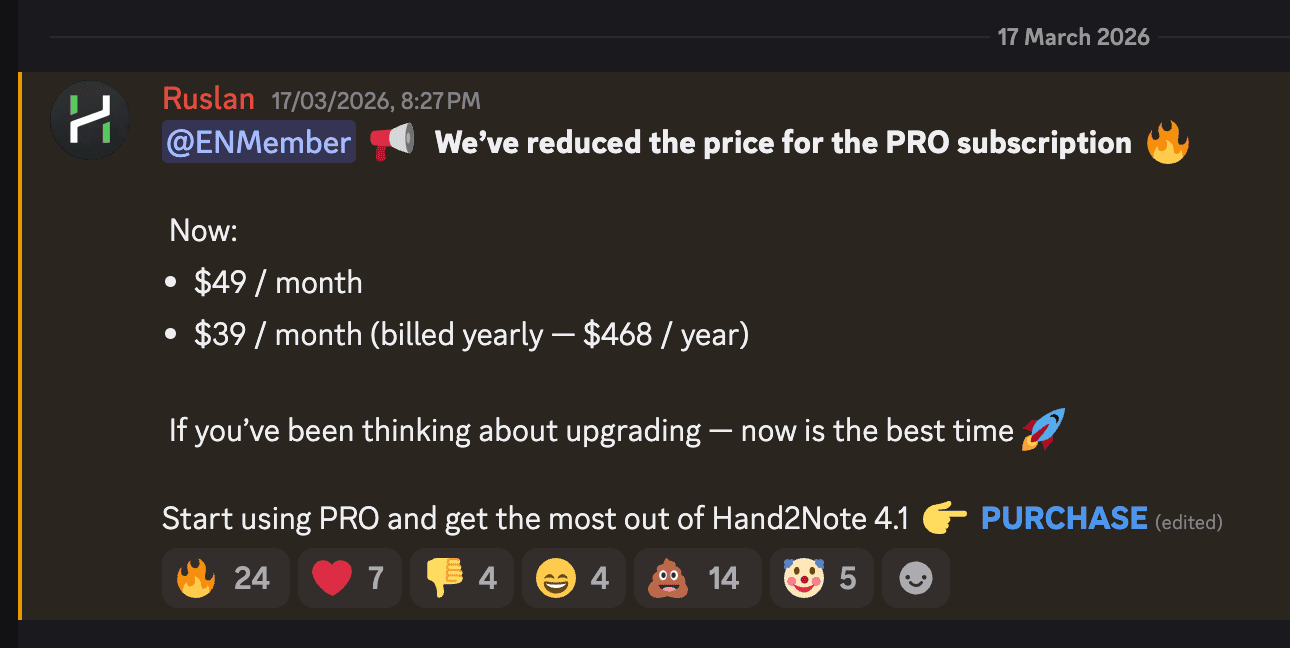 Hand2Note Discord の Pro 値下げ告知