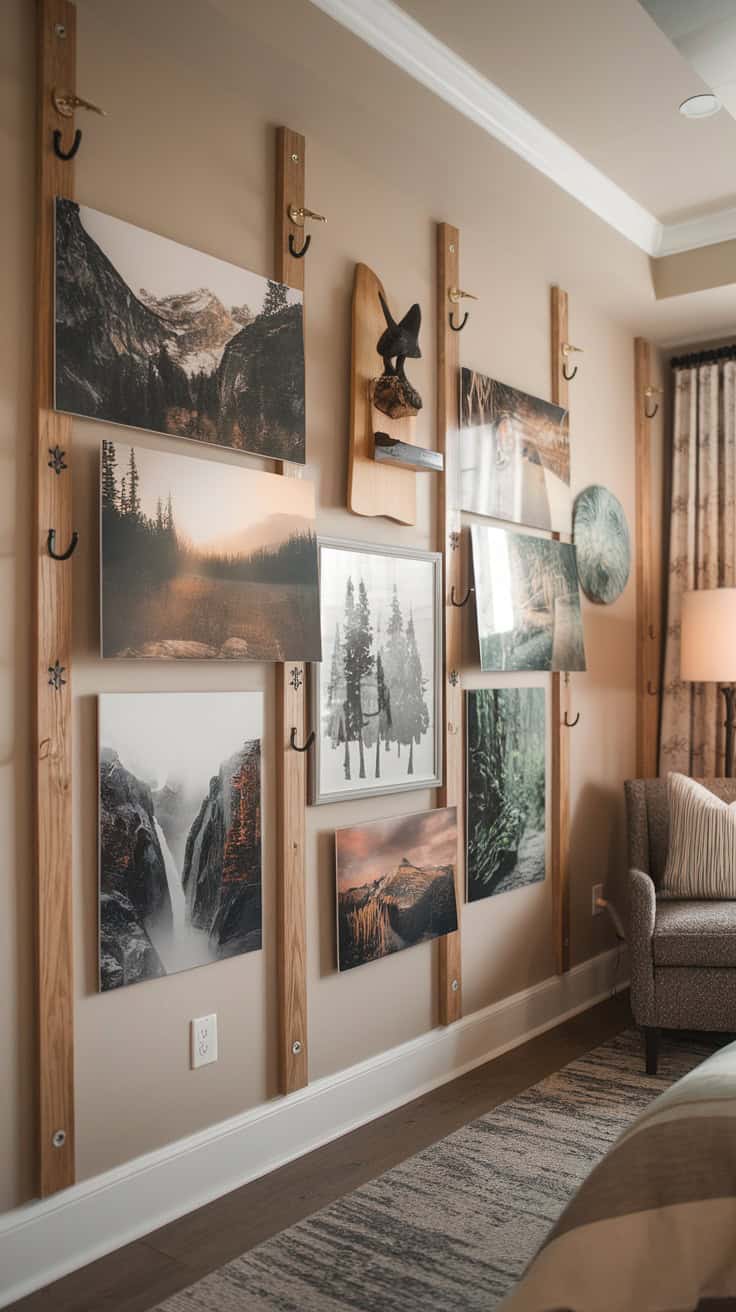 Gallery wall featuring a mix of personal photos and art in a guest bedroom.