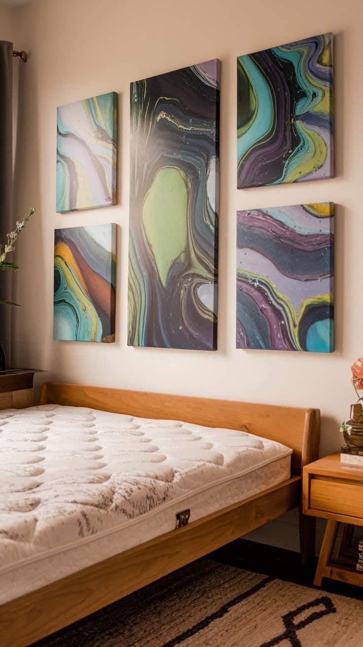 Colorful DIY canvas wall art displayed in a guest bedroom.