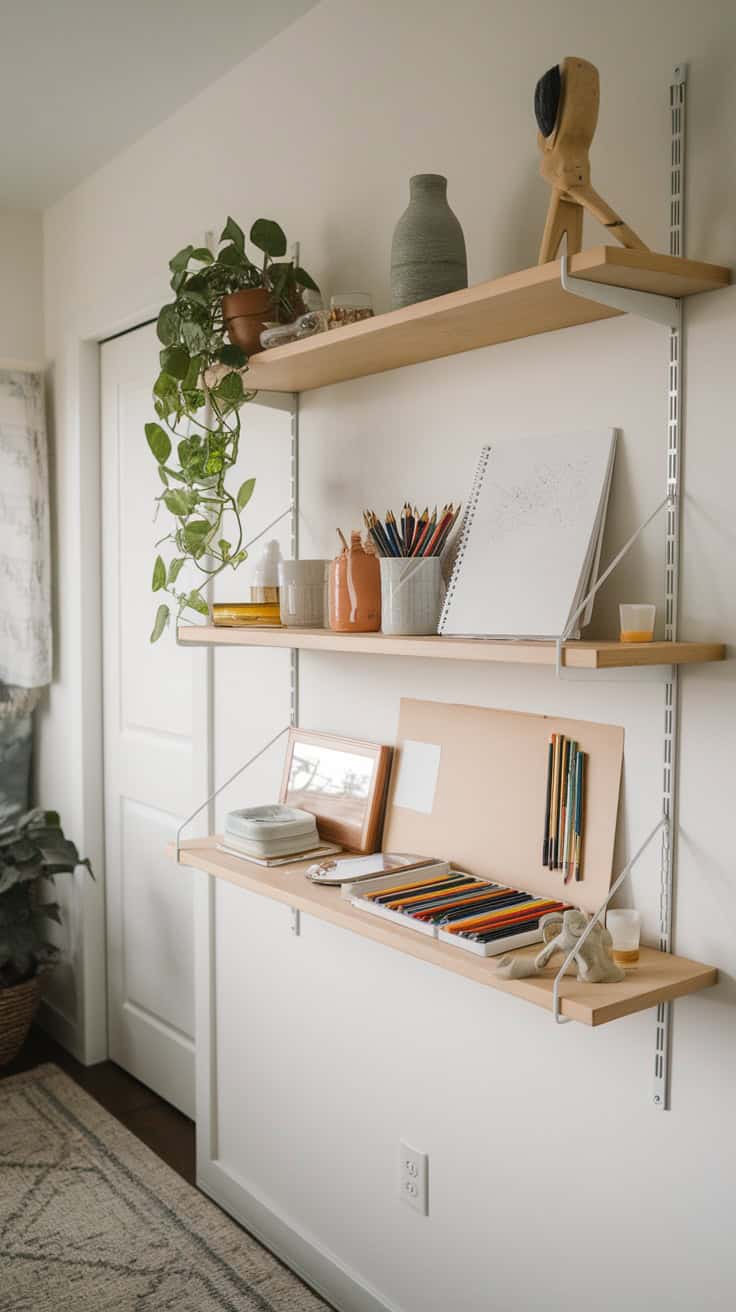 A well-organized art table with various supplies, including colored pencils, sketchbooks, and paints, set in a bright guest bedroom.