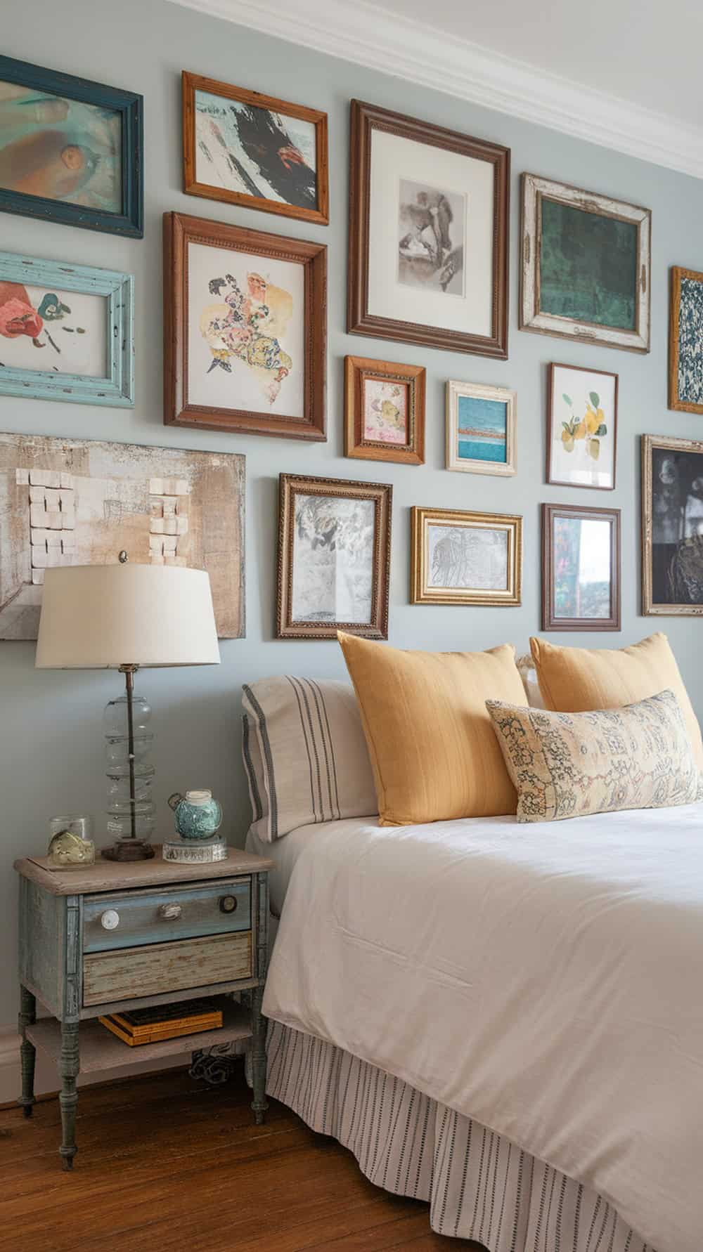 A cozy guest bedroom featuring a gallery wall of upcycled vintage frames with various artwork.