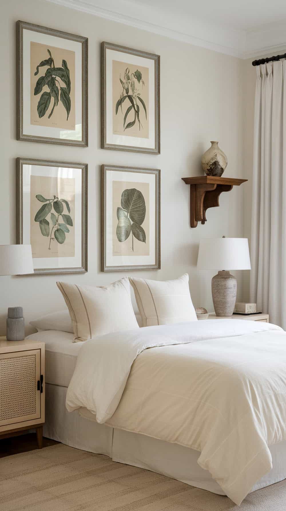 A guest bedroom featuring framed botanical prints on the wall, a cozy bed with neutral bedding, and a warm, inviting atmosphere.
